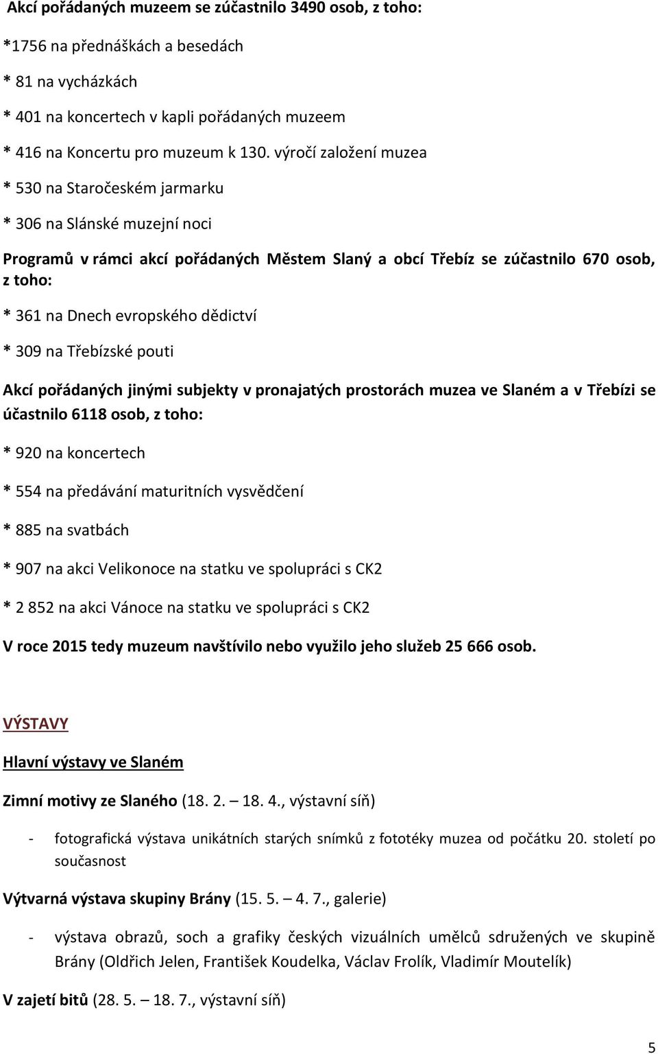dědictví * 309 na Třebízské pouti Akcí pořádaných jinými subjekty v pronajatých prostorách muzea ve Slaném a v Třebízi se účastnilo 6118 osob, z toho: * 920 na koncertech * 554 na předávání