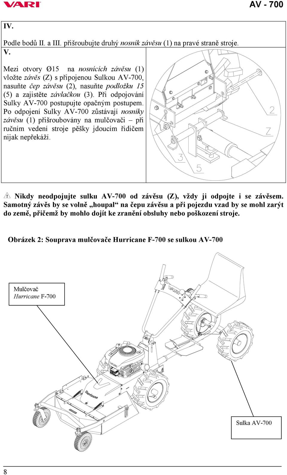 Při odpojování Sulky AV-700 postupujte opačným postupem.