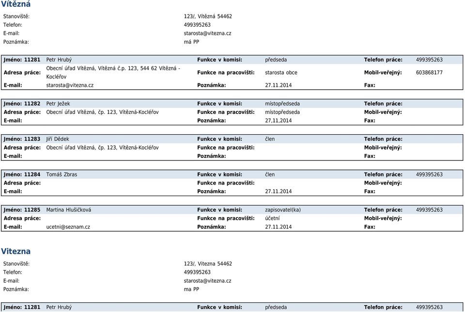 cz 27.11.2014 Fax: Jméno: 11282 Petr Ježek Funkce v komisi: místopředseda Telefon práce: Adresa práce: Obecní úřad Vítězná, čp.