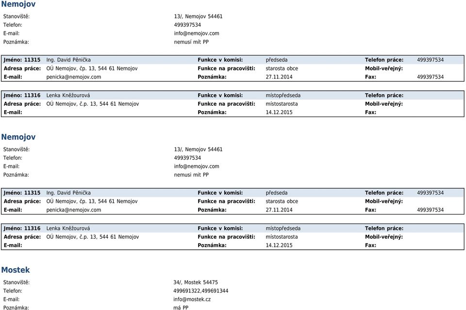 2014 Fax: 499397534 Jméno: 11316 Lenka Kněžourová Funkce v komisi: místopředseda Telefon práce: Adresa práce: OÚ Nemojov, č.p. 13, 544 61 Nemojov Funkce na pracovišti: místostarosta 14.12.