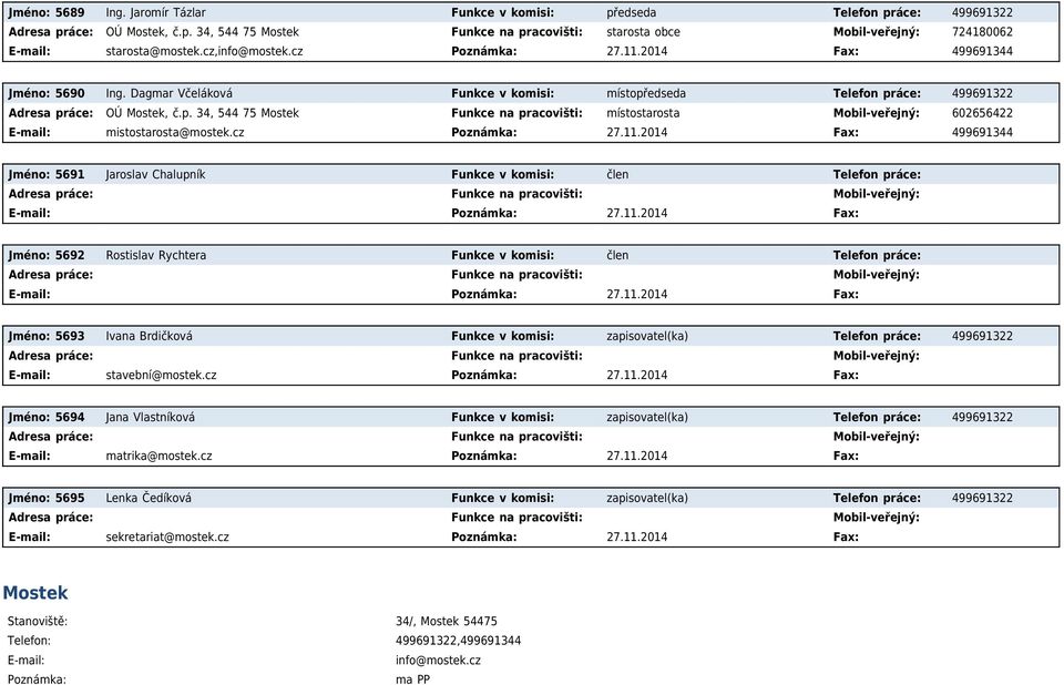 cz 27.11.2014 Fax: 499691344 Jméno: 5691 Jaroslav Chalupník Funkce v komisi: člen Telefon práce: 27.11.2014 Fax: Jméno: 5692 Rostislav Rychtera Funkce v komisi: člen Telefon práce: 27.11.2014 Fax: Jméno: 5693 Ivana Brdičková Funkce v komisi: zapisovatel(ka) Telefon práce: 499691322 stavební@mostek.