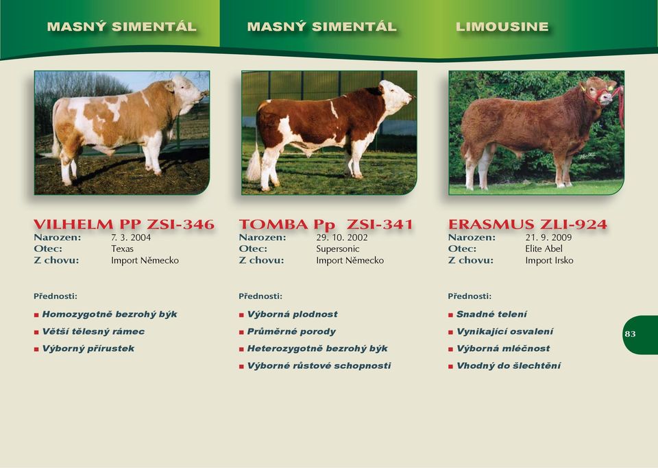 2009 Elite Abel Z chovu: Import Irsko Homozygotně bezrohý býk Výborná plodnost Snadné telení Větší