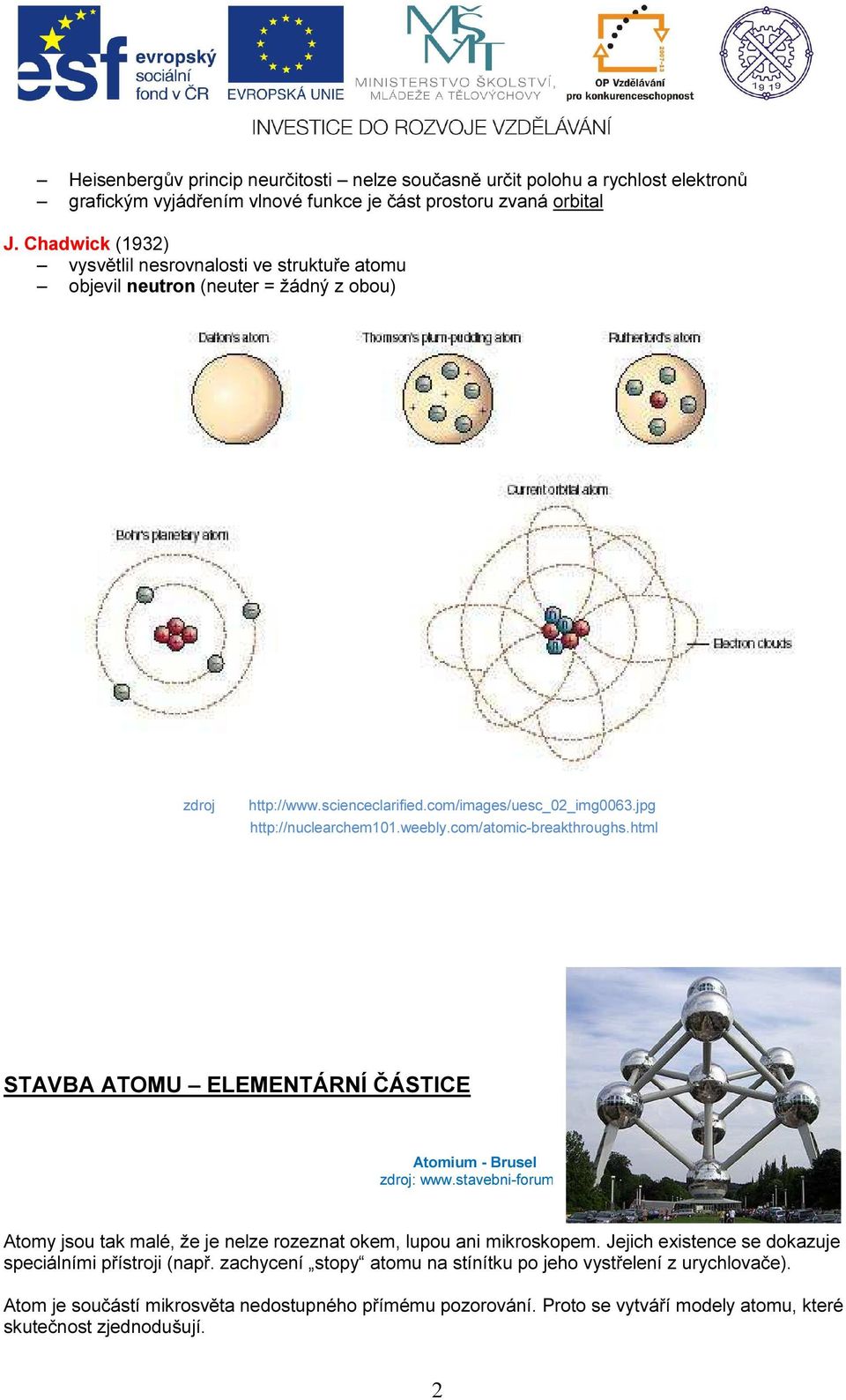 weebly.com/atomic-breakthroughs.html STAVBA ATOMU ELEMENTÁRNÍ ČÁSTICE Atomium - Brusel zdroj: www.stavebni-forum.cz Atomy jsou tak malé, že je nelze rozeznat okem, lupou ani mikroskopem.