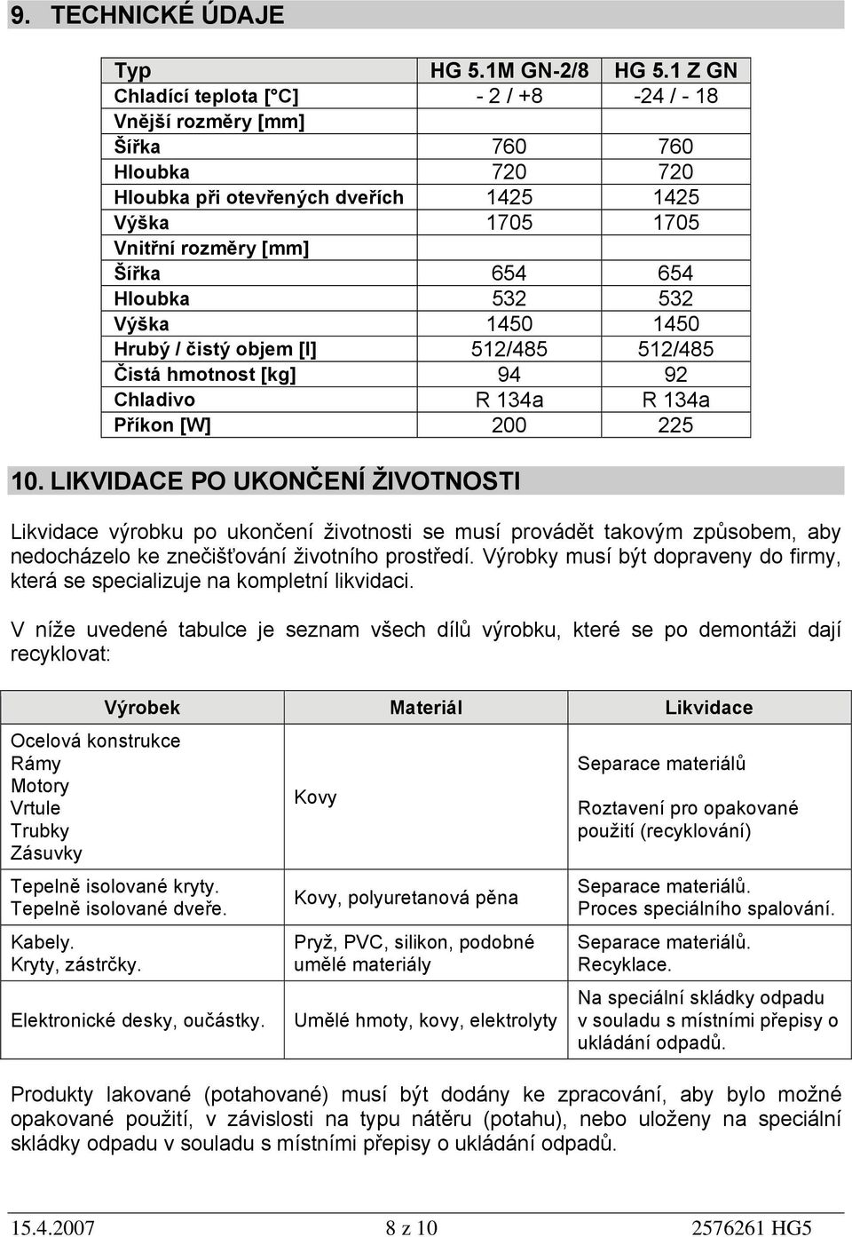 532 532 Výška 1450 1450 Hrubý / čistý objem [l] 512/485 512/485 Čistá hmotnost [kg] 94 92 Chladivo R 134a R 134a Příkon [W] 200 225 10.