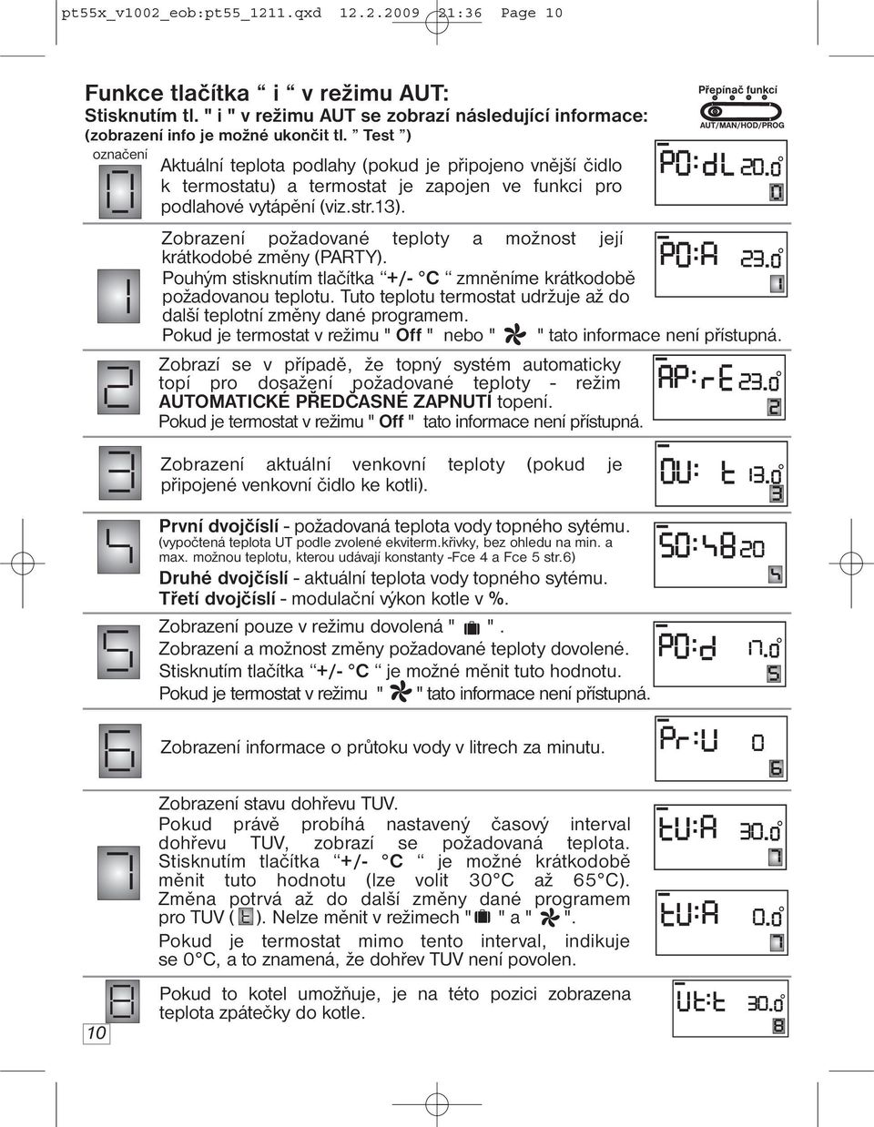 Zobrazení požadované teploty a možnost její krátkodobé změny (PARTY). Pouhým stisknutím tlačítka +/- C zmněníme krátkodobě požadovanou teplotu.