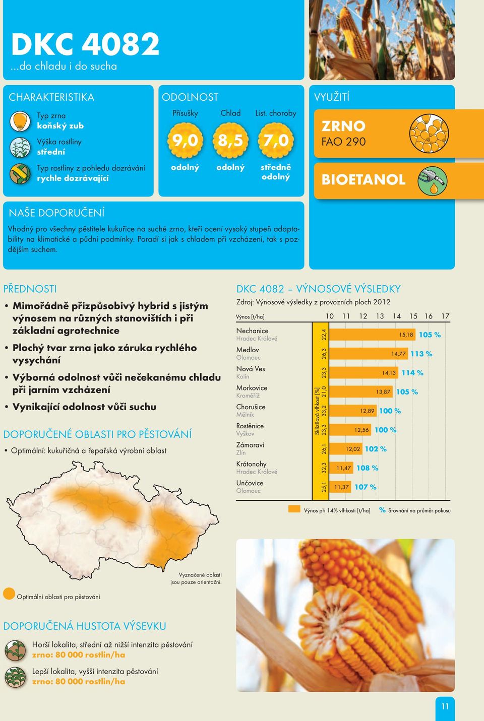 Mimořádně přizpůsobivý hybrid s jistým výnosem na různých stanovištích i při základní agrotechnice DKC 4082 VÝNOSOVÉ VÝSLEDKY Zdroj: Výnosové výsledky z provozních ploch 2012