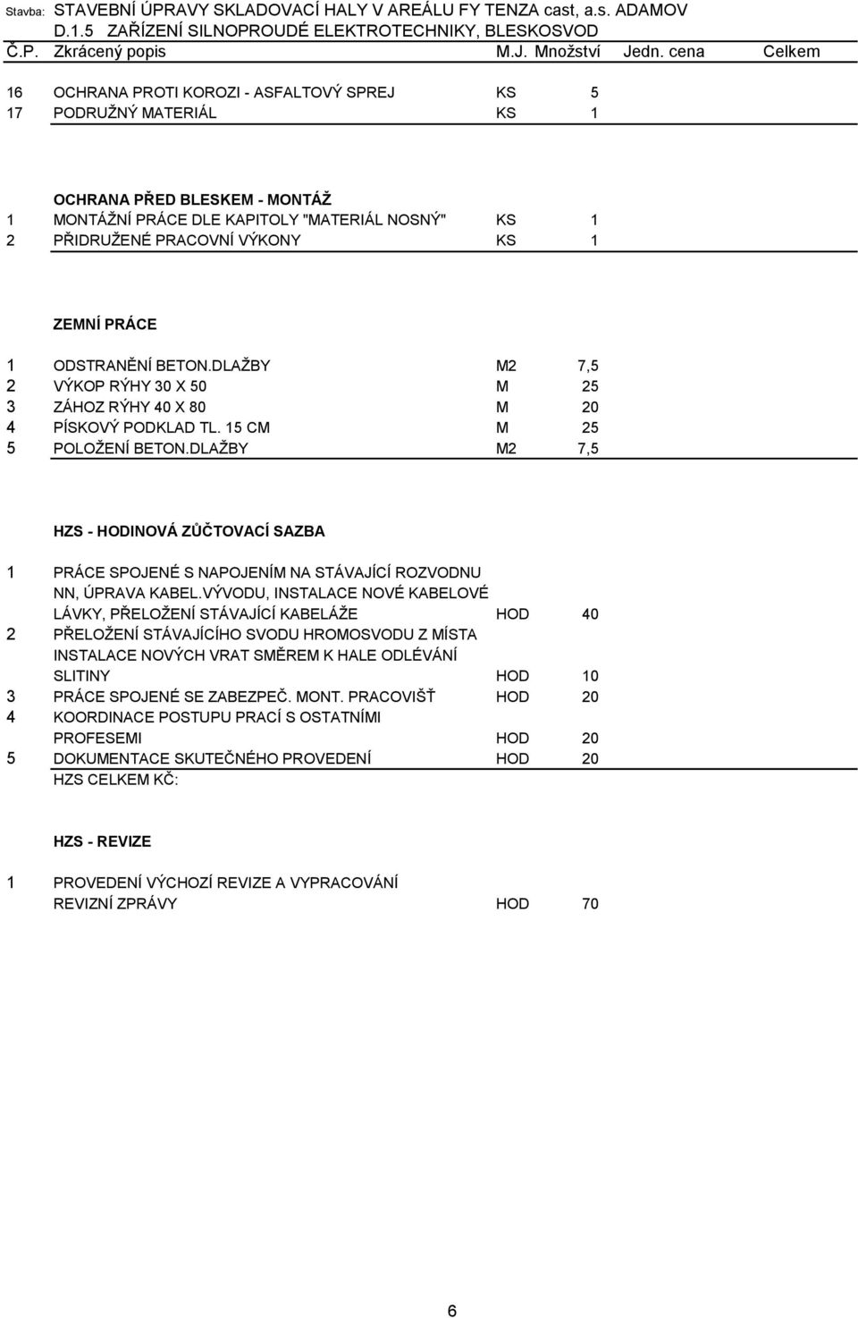 DLAŽBY M2 7,5 HZS - HODINOVÁ ZŮČTOVACÍ SAZBA 1 PRÁCE SPOJENÉ S NAPOJENÍM NA STÁVAJÍCÍ ROZVODNU NN, ÚPRAVA KABEL.