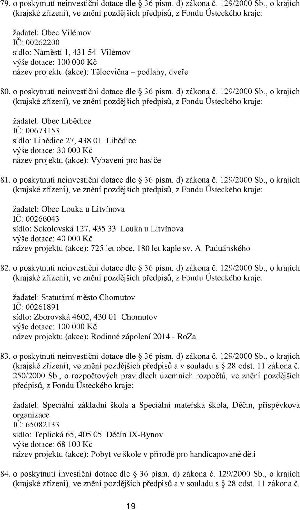 (akce): Tělocvična podlahy, dveře 80. o poskytnutí neinvestiční dotace dle 36 písm. d) zákona č. 129/2000 Sb.