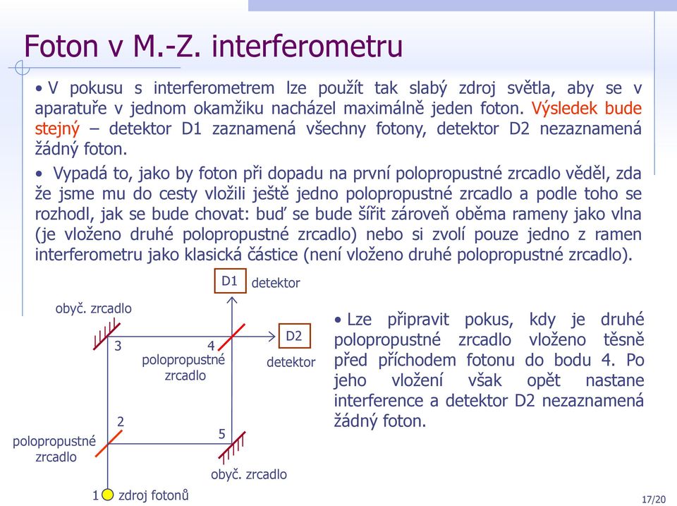 Vypadá to, jako by foton při dopadu na první polopropustné zrcadlo věděl, zda že jsme mu do cesty vložili ještě jedno polopropustné zrcadlo a podle toho se rozhodl, jak se bude chovat: buď se bude