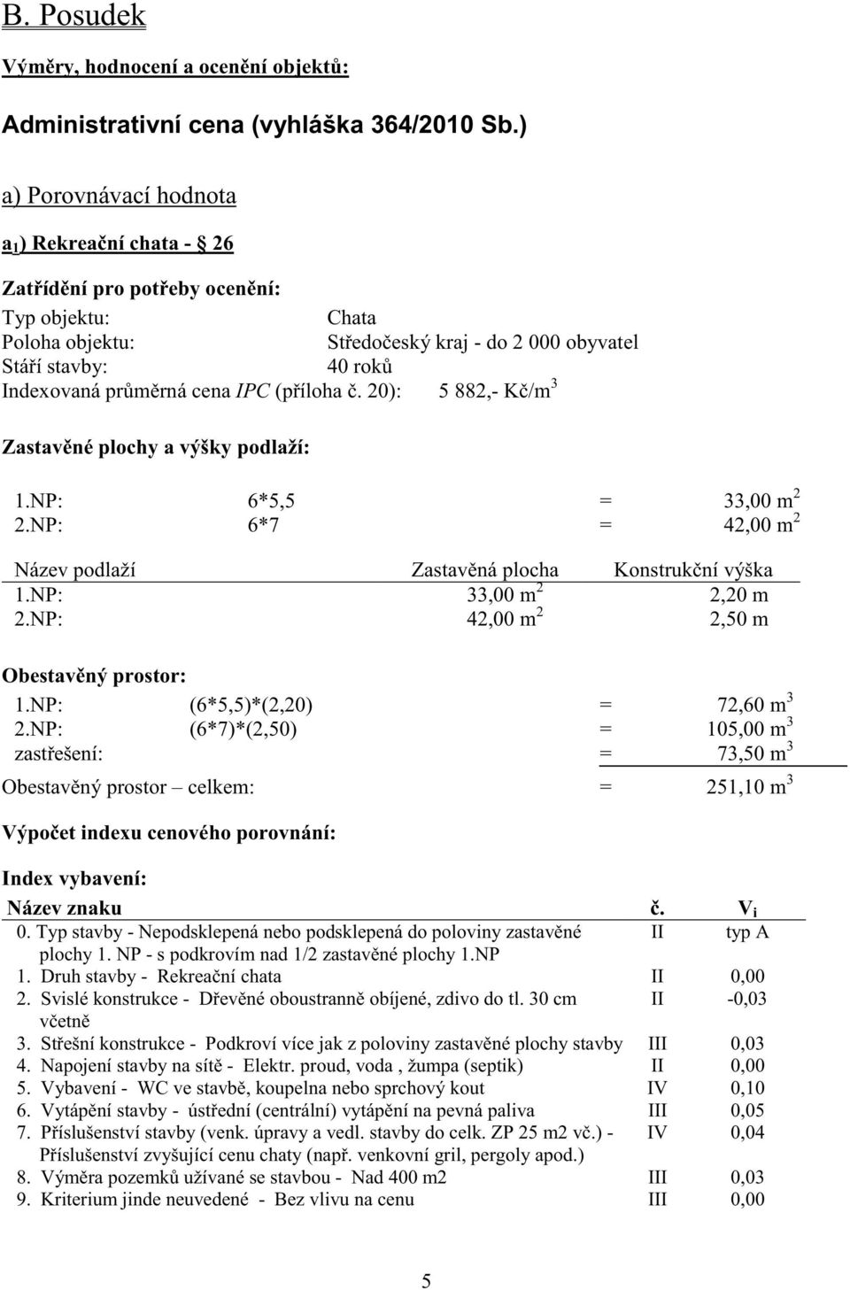 cena IPC (p íloha. 20): 5 882,- K /m 3 Zastav né plochy a výšky podlaží: 1.NP: 6*5,5 = 33,00 m 2 2.NP: 6*7 = 42,00 m 2 Název podlaží Zastav ná plocha Konstruk ní výška 1.NP: 33,00 m 2 2,20 m 2.