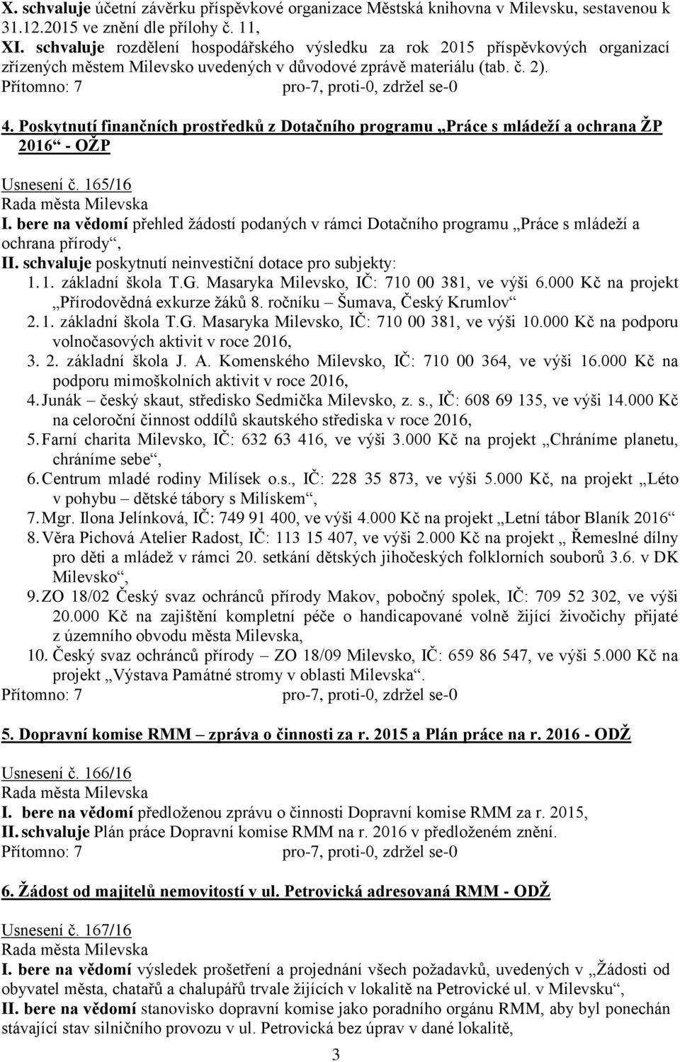 Poskytnutí finančních prostředků z Dotačního programu,,práce s mládeží a ochrana ŽP 2016 - OŽP Usnesení č. 165/16 I.