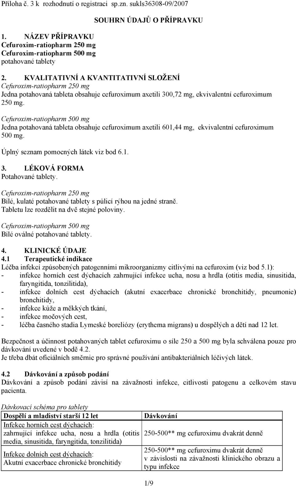 Cefuroxim-ratiopharm 500 mg Jedna potahovaná tableta obsahuje cefuroximum axetili 601,44 mg, ekvivalentní cefuroximum 500 mg. Úplný seznam pomocných látek viz bod 6.1. 3.