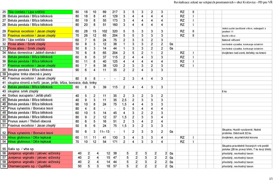 Picea abies / Smrk ztepilý 0 Malus domestica / Jabloň domácí 70 Betula pendula / Bříza bělokorá 0 Betula pendula / Bříza bělokorá 0 Fraxinus excelsior / Jasan ztepilý 0 7 Betula pendula / Bříza