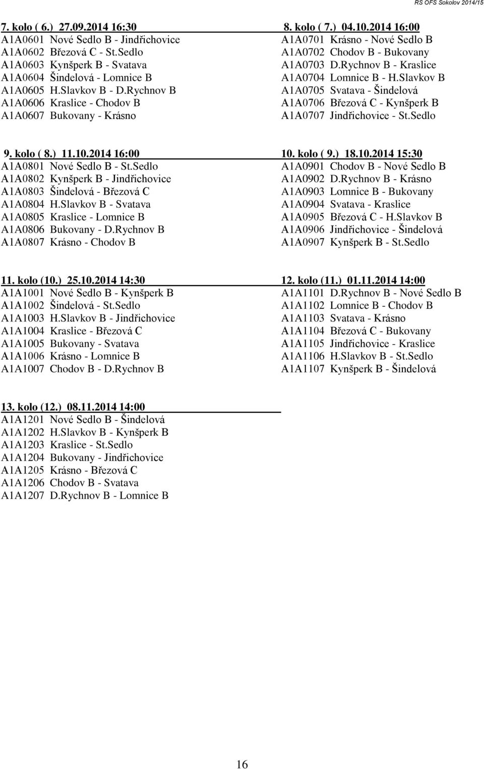 Rychnov B A1A0705 Svatava - Šindelová A1A0606 Kraslice - Chodov B A1A0706 Březová C - Kynšperk B A1A0607 Bukovany - Krásno A1A0707 Jindřichovice - St.Sedlo 9. kolo ( 8.) 11.10.2014 16:00 10. kolo ( 9.