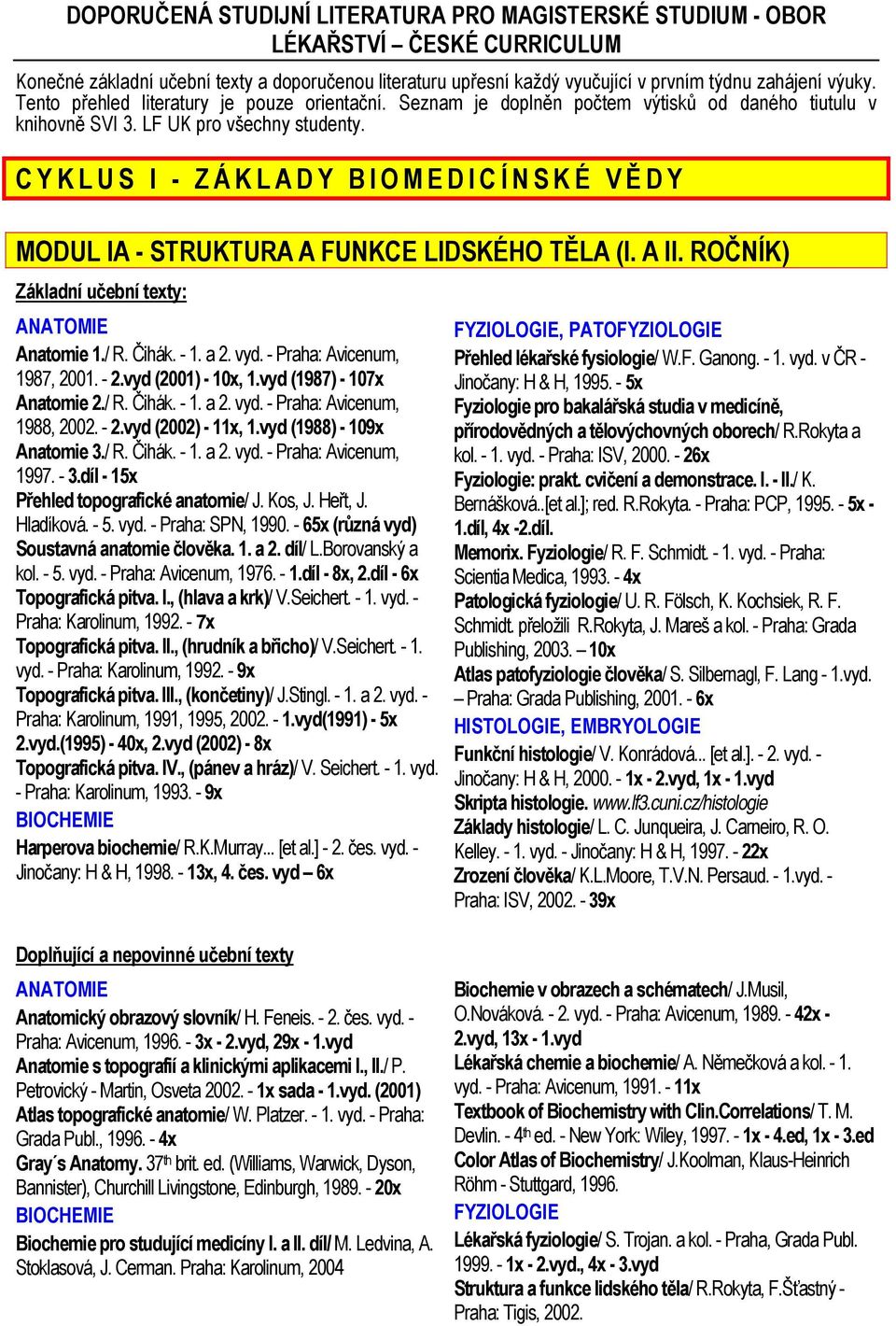 CYKLUS I - ZÁKLADY BIOMEDICÍNSKÉ VĚ DY MODUL IA - STRUKTURA A FUNKCE LIDSKÉHO TĚLA (I. A II. ROČNÍK) Základní učební texty: ANATOMIE Anatomie 1./ R. Čihák. - 1. a 2. vyd.