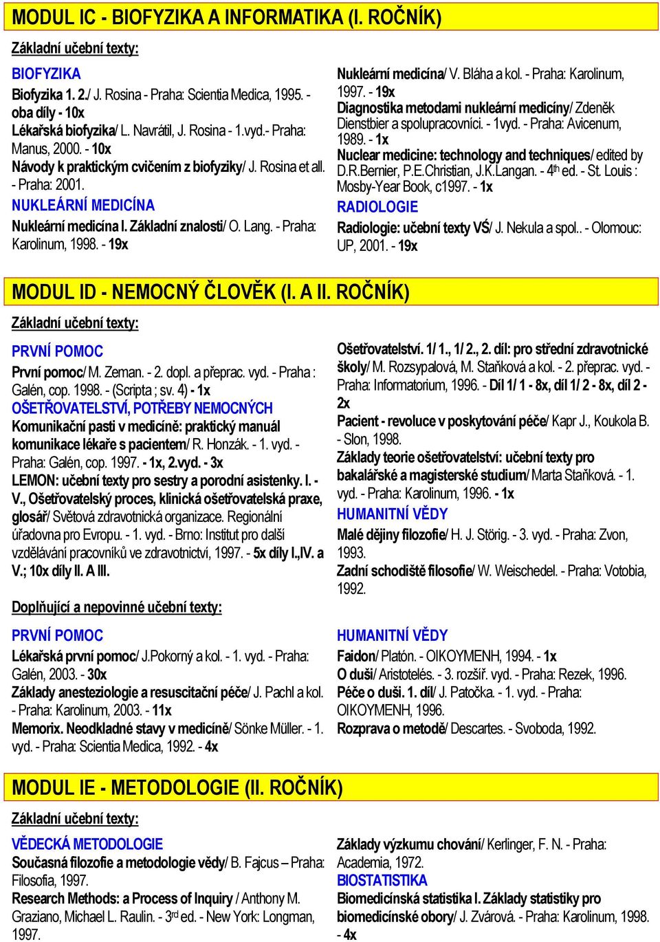 - Praha: Karolinum, 1998. - 19x MODUL ID - NEMOCNÝ ČLOVĚK (I. A II. ROČNÍK) Základní učební texty: PRVNÍ POMOC První pomoc/ M. Zeman. - 2. dopl. a přeprac. vyd. - Praha : Galén, cop. 1998. - (Scripta ; sv.