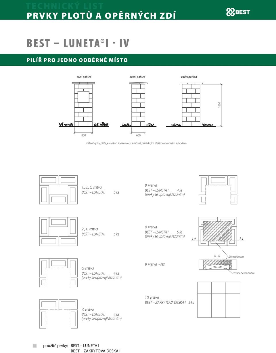 vrstva EST LUNET I 4 ks 2., 4. vrstva EST LUNET I 5 ks 9. vrstva EST LUNET I 5 ks - železobeton 6. vrstva EST LUNET I 4 ks 9.