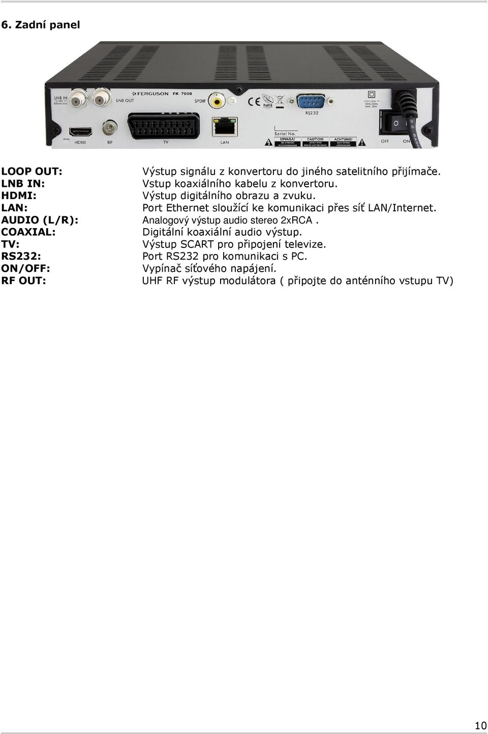 LAN: Port Ethernet sloužící ke komunikaci přes síť LAN/Internet. AUDIO (L/R): Analogový výstup audio stereo 2xRCA.