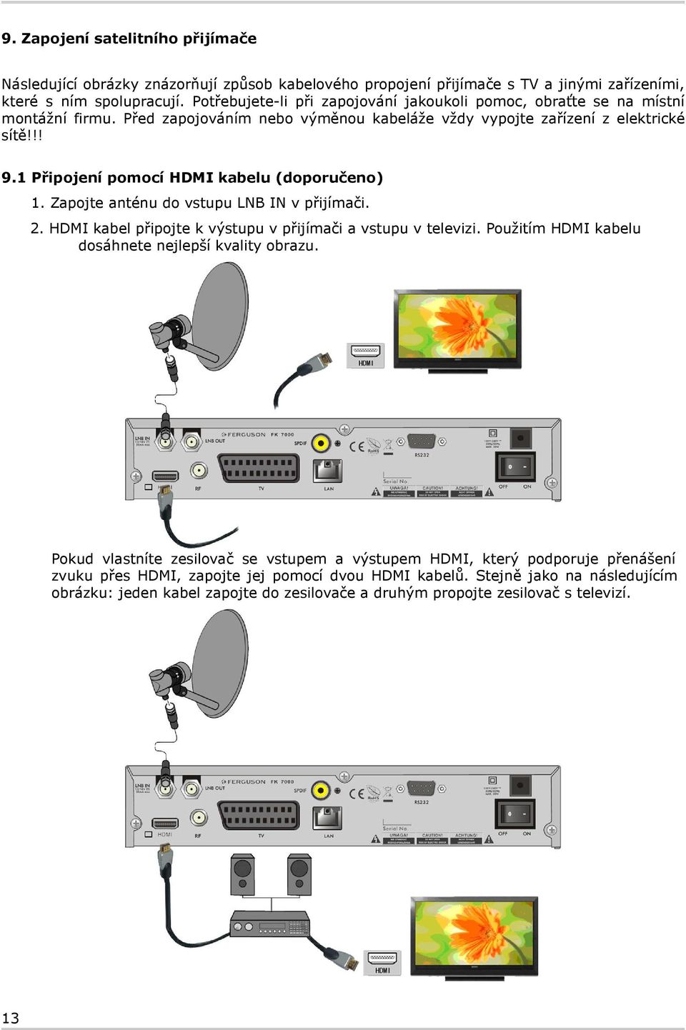 1 Připojení pomocí HDMI kabelu (doporučeno) 1. Zapojte anténu do vstupu LNB IN v přijímači. 2. HDMI kabel připojte k výstupu v přijímači a vstupu v televizi.