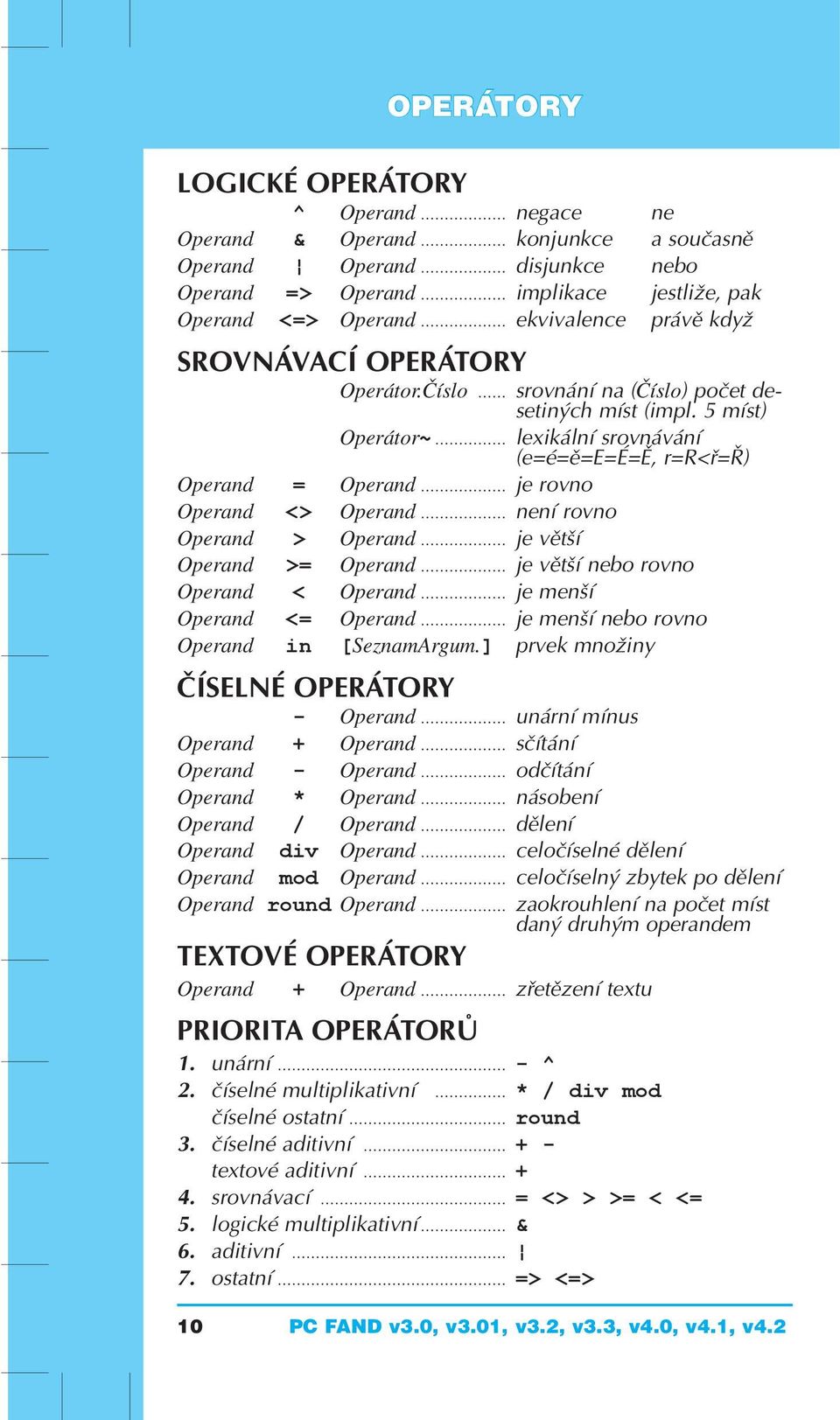 5 míst) Operátor~ lexikální srovnávání (e=é=ě=e=é=ě, r=r<ř=ř) Operand = Operand je rovno Operand <> Operand není rovno Operand > Operand je větší Operand >= Operand je větší nebo rovno Operand <