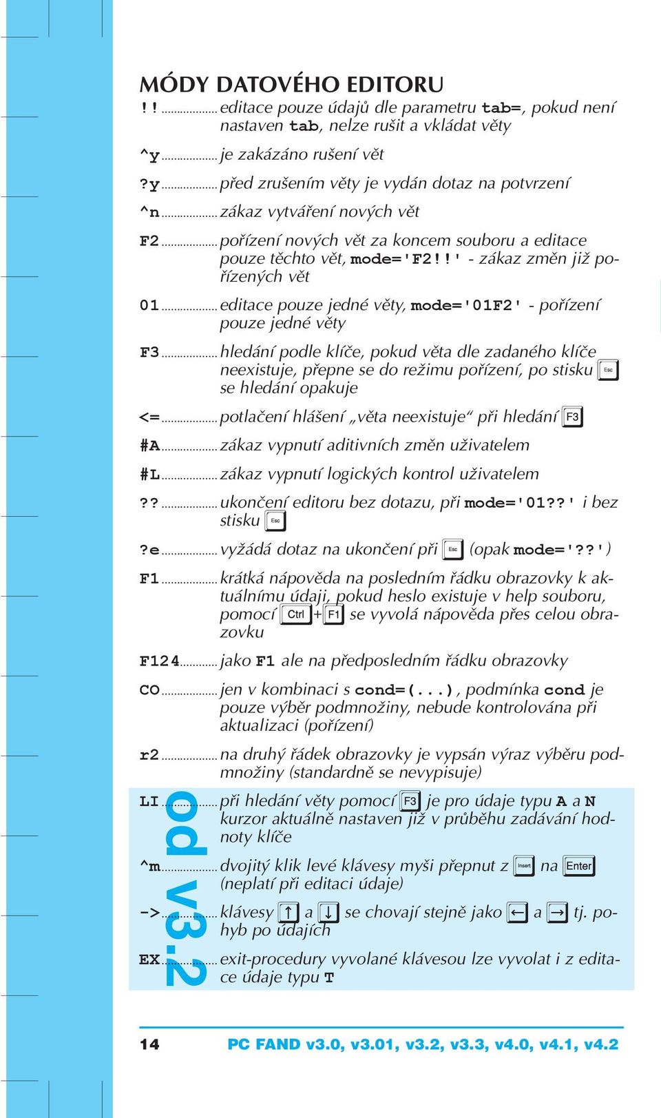 !' - zákaz změn již pořízených vět 01 editace pouze jedné věty, mode='01f2' - pořízení pouze jedné věty F3 hledání podle klíče, pokud věta dle zadaného klíče neexistuje, přepne se do režimu pořízení,