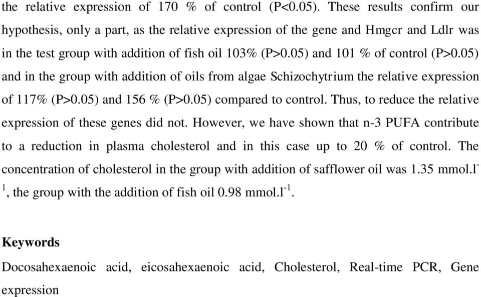 05) and in the group with addition of oils from algae Schizochytrium the relative expression of 117% (P>0.05) and 156 % (P>0.05) compared to control.