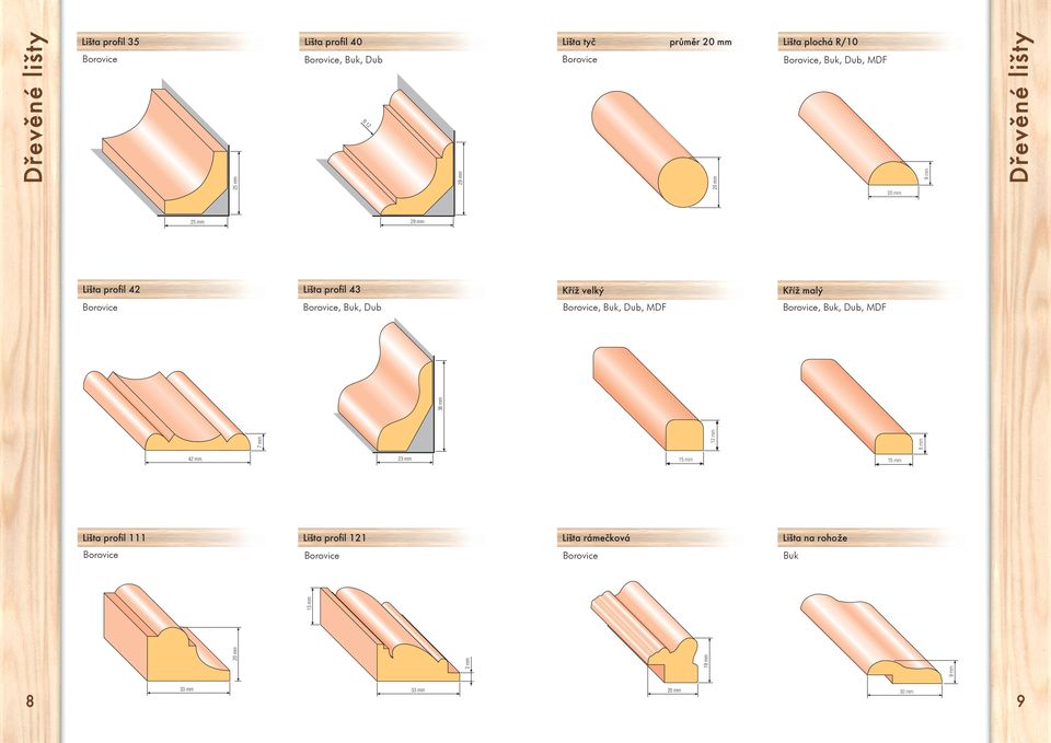 Buk, Dub, Buk, Dub, MDF, Buk, Dub, MDF Lišta profil 121 3 mm 1 42 mm Lišta profil