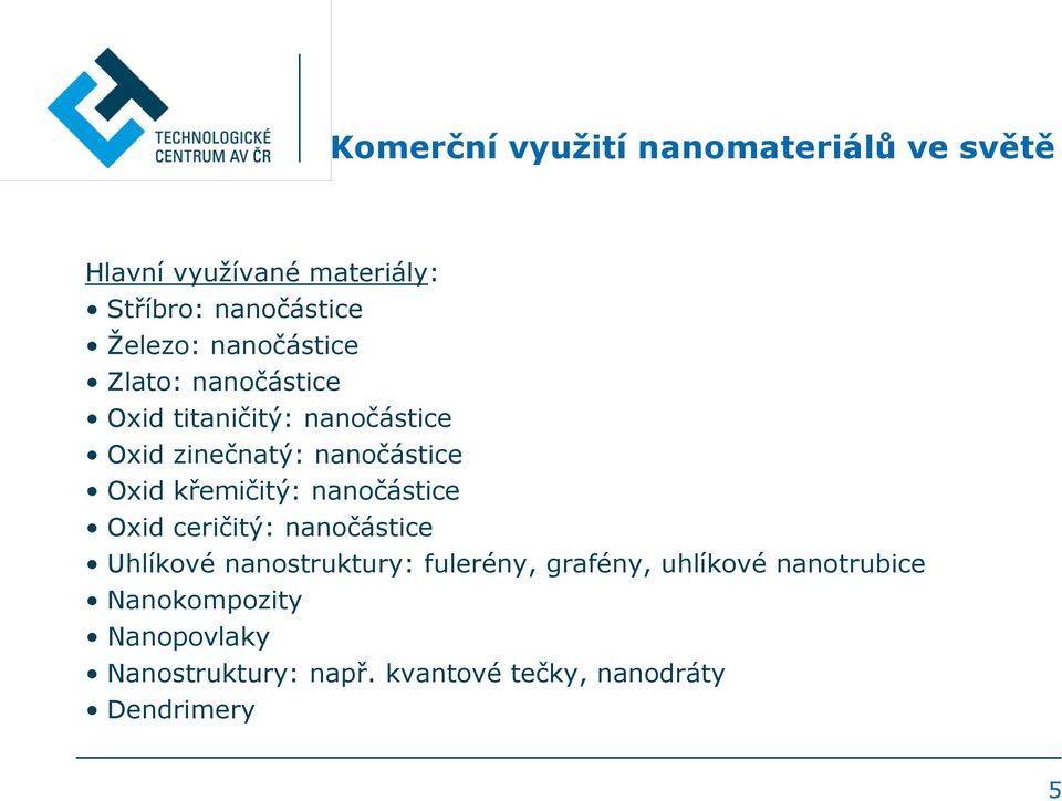 křemičitý: nanočástice Oxid ceričitý: nanočástice Uhlíkové nanostruktury: fulerény, grafény,