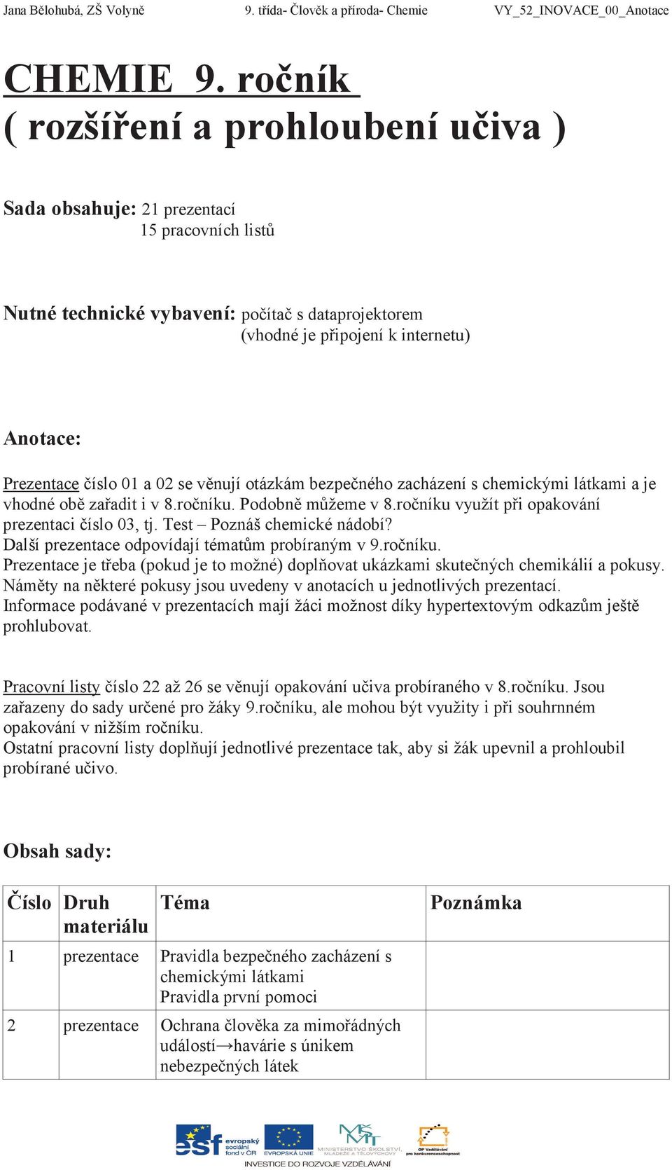 Jana Blohubá, ZŠ Volyn 9.. roník VY_52_INOVACE_01_titulní list. Uební  materiál - pracovní listy a prezentace. Chemie roník. ást II PDF Free  Download