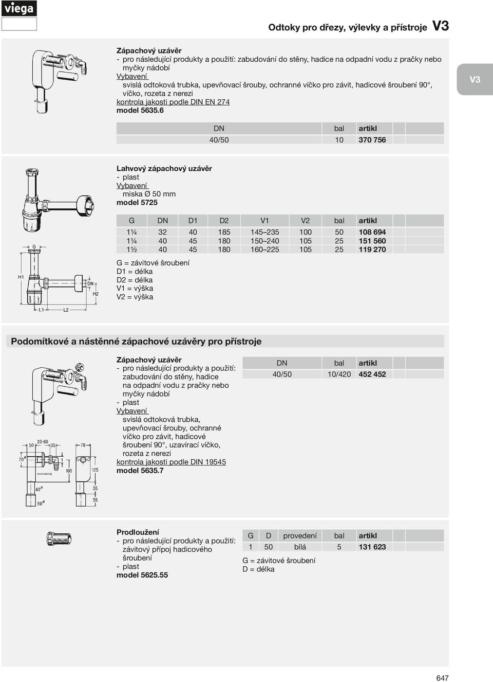 6 V3 DN bal artikl 40/50 10 370 756 Lahvový zápachový uzávěr miska Ø 50 mm model 5725 G DN D1 D2 V1 V2 bal artikl 1¼ 32 40 185 145 235 100 50 108 694 1¼ 40 45 180 150 240 105 25 151 560 1½ 40 45 180