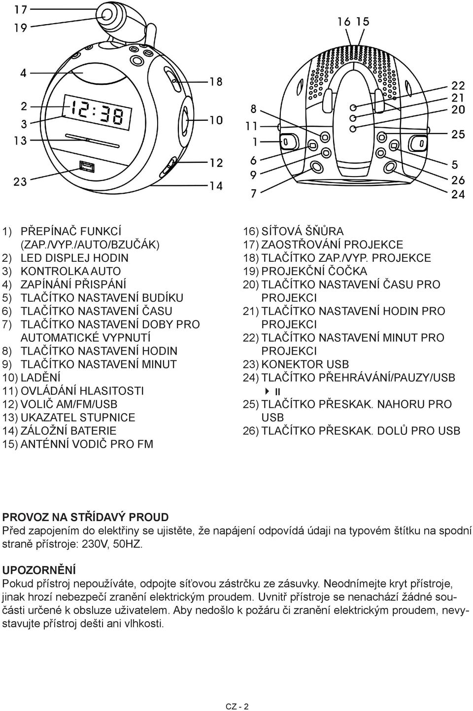 NASTAVENÍ MINUT LADĚNÍ OVLÁDÁNÍ HLASITOSTI VOLIČ AM/FM/USB UKAZATEL STUPNICE ZÁLOŽNÍ BATERIE ANTÉNNÍ VODIČ PRO FM 16) 17) 18) 19) 20) 2 2 2 2 2 26) SÍŤOVÁ ŠŇŮRA ZAOSTŘOVÁNÍ PROJEKCE TLAČÍTKO ZAP./VYP.