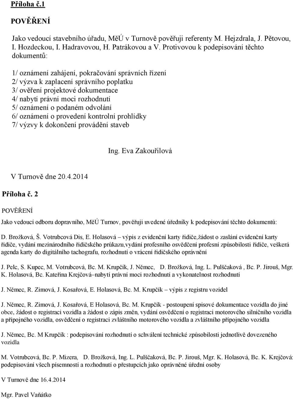 rozhodnutí 5/ oznámení o podaném odvolání 6/ oznámení o provedení kontrolní prohlídky 7/ výzvy k dokončení provádění staveb Ing. Eva Zakouřilová V Turnově dne 20.4.2014 Příloha č.