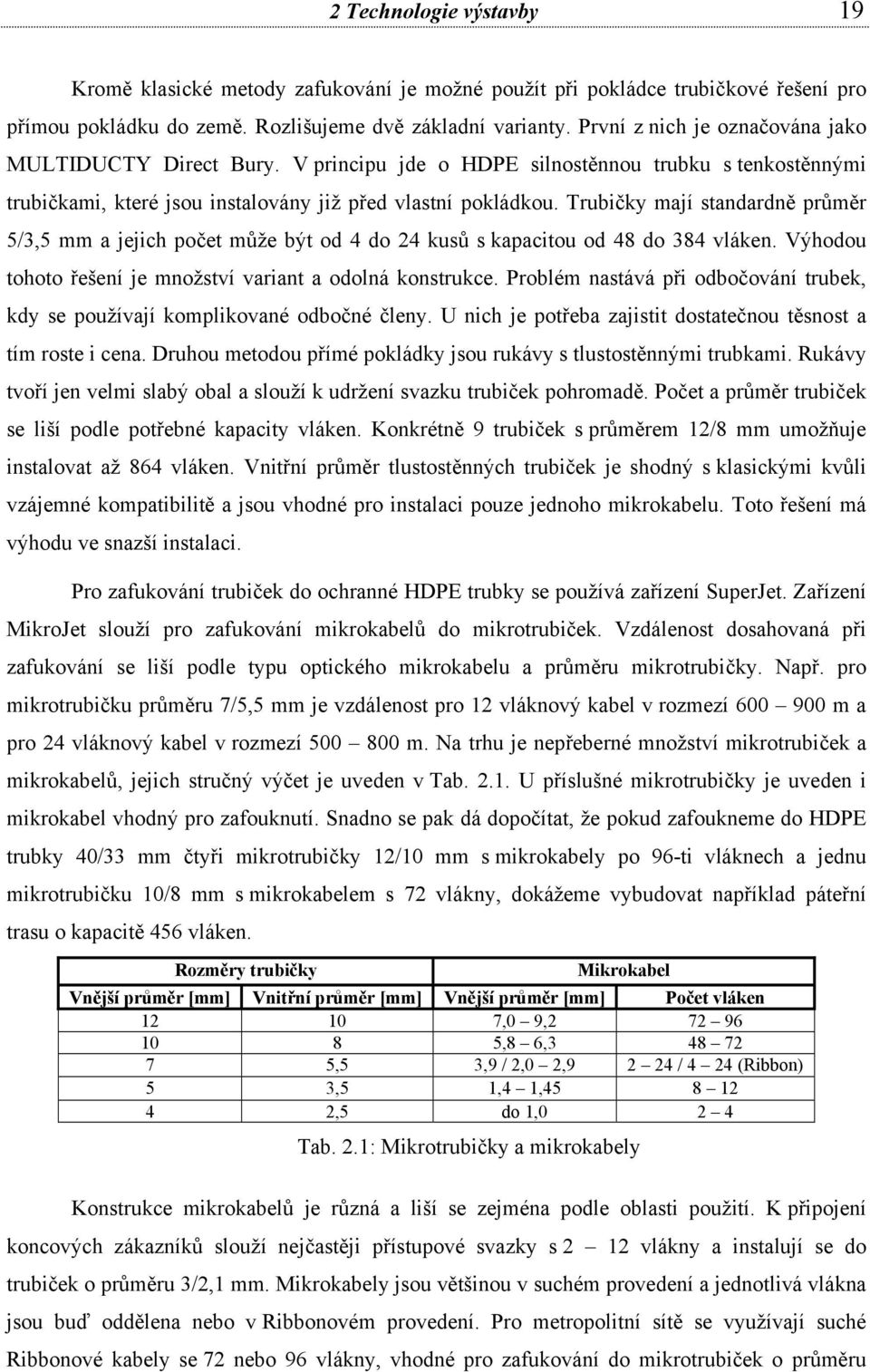 Trubičky mají standardně průměr 5/3,5 mm a jejich počet může být od 4 do 24 kusů s kapacitou od 48 do 384 vláken. Výhodou tohoto řešení je množství variant a odolná konstrukce.