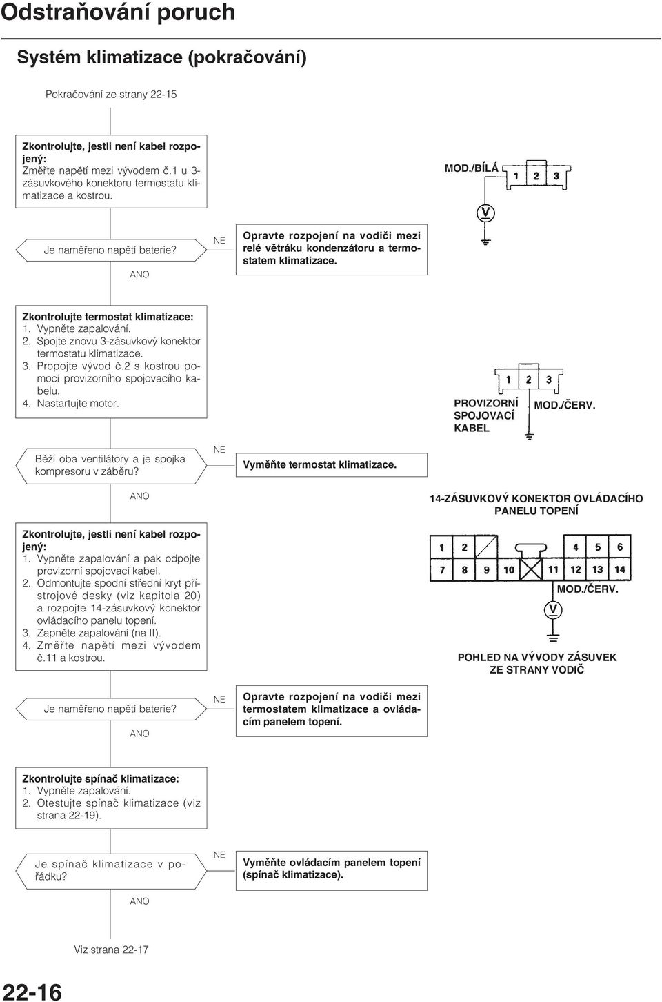 Zkontrolujte termostat klimatizace: 1. Vypněte zapalování. 2. Spojte znovu 3-zásuvkový konektor termostatu klimatizace. 3. Propojte vývod č.2 s kostrou pomocí provizorního spojovacího kabelu. 4.