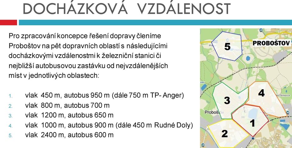 nejvzdálenějších míst v jednotlivých oblastech: 1. vlak 450 m, autobus 950 m (dále 750 m TP- Anger) 2.