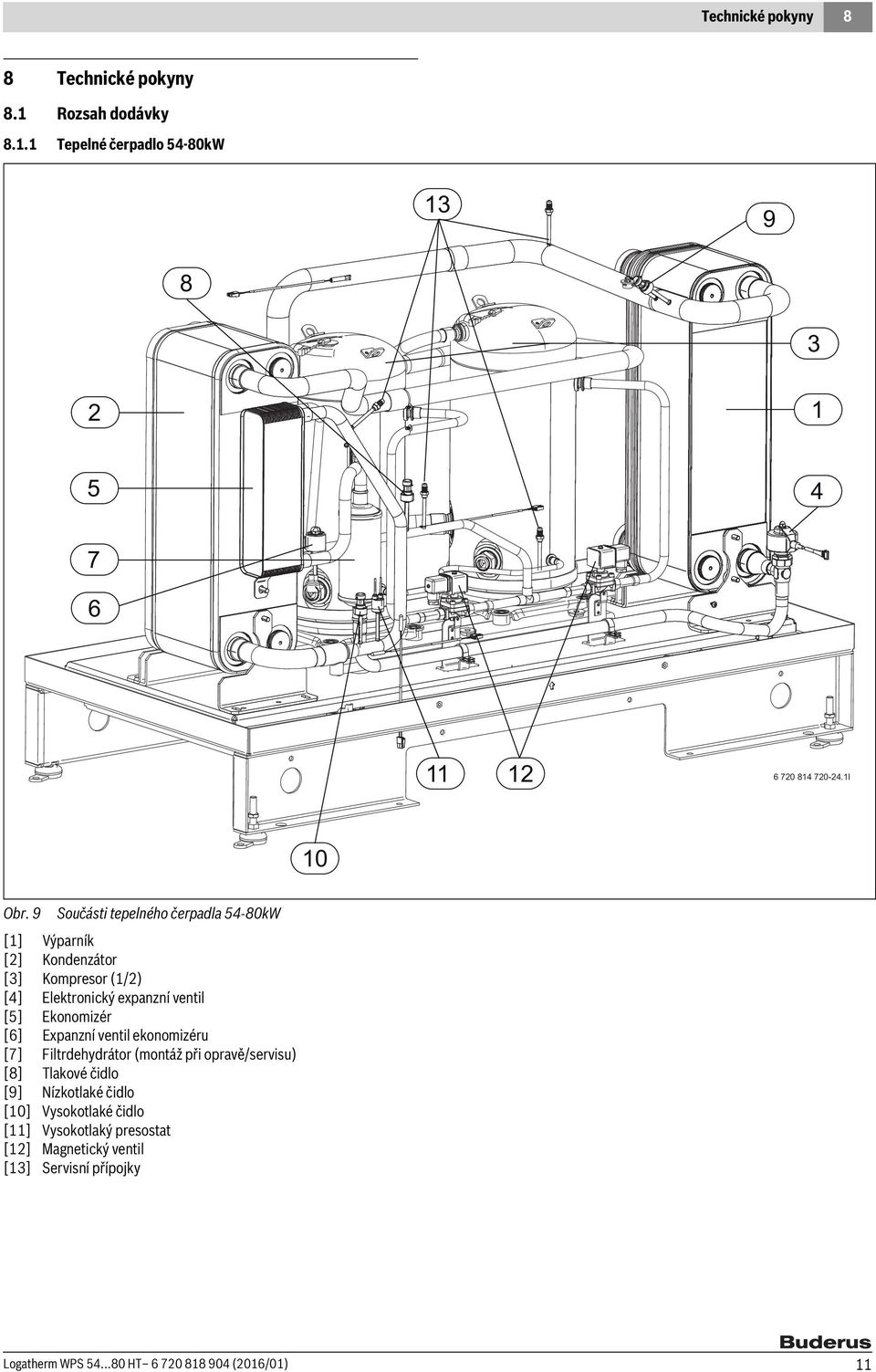 9 Součásti tepelného čerpadla 54-80kW [1] Výparník [2] Kondenzátor [3] Kompresor (1/2) [4] Elektronický expanzní ventil [5] Ekonomizér