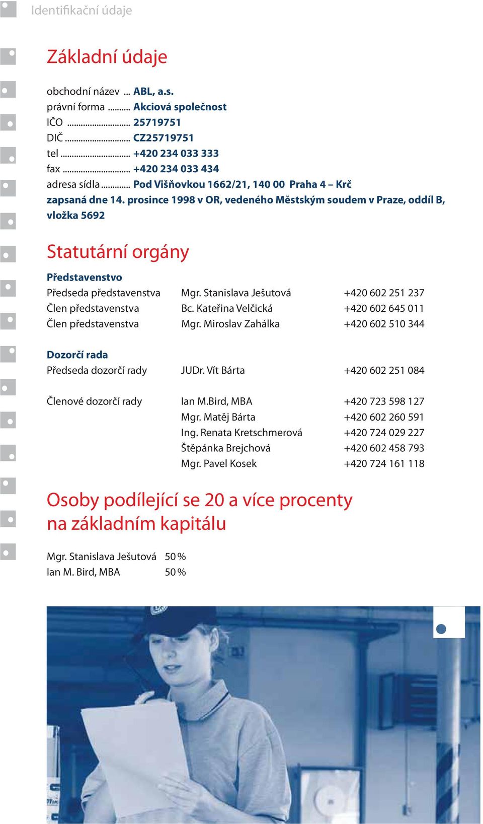 Stanislava Ješutová +420 602 251 237 Člen představenstva Bc. Kateřina Velčická +420 602 645 011 Člen představenstva Mgr. Miroslav Zahálka +420 602 510 344 Dozorčí rada Předseda dozorčí rady JUDr.
