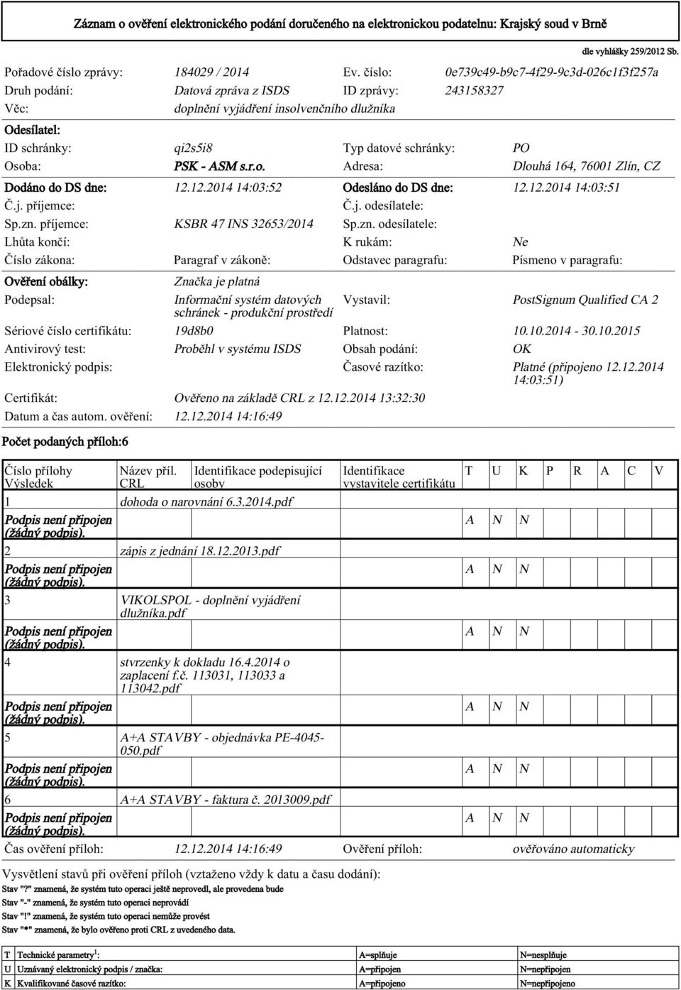 PO Osoba: PSK - ASM s.r.o. Adresa: Dlouhá 164, 76001 Zlín, CZ Dodáno do DS dne: 12.12.2014 14:03:52 Odesláno do DS dne: 12.12.2014 14:03:51 Č.j. příjemce: Č.j. odesílatele: Sp.zn.