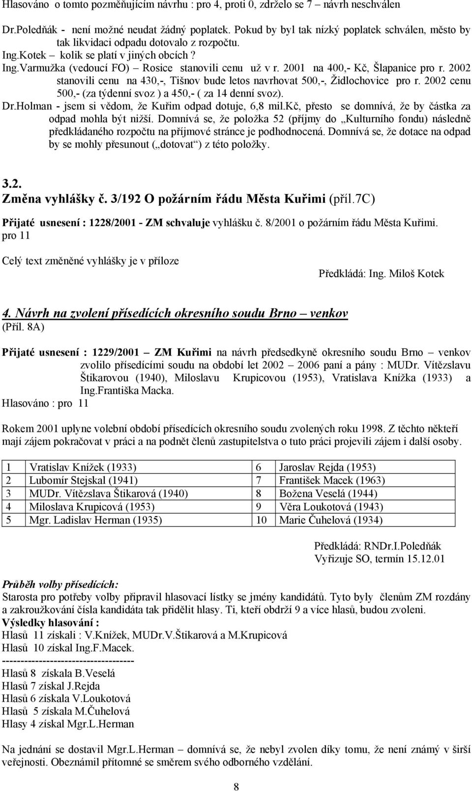 2001 na 400,- Kč, Šlapanice pro r. 2002 stanovili cenu na 430,-, Tišnov bude letos navrhovat 500,-, Židlochovice pro r. 2002 cenu 500,- (za týdenní svoz ) a 450,- ( za 14 denní svoz). Dr.