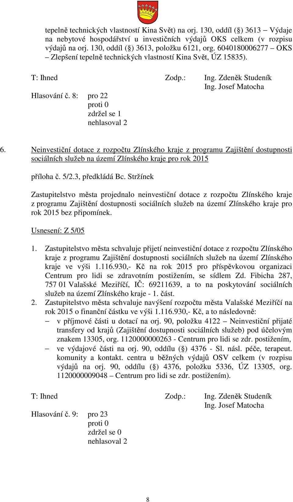 Neinvestiční dotace z rozpočtu Zlínského kraje z programu Zajištění dostupnosti sociálních služeb na území Zlínského kraje pro rok 2015 příloha č. 5/2.3, předkládá Bc.