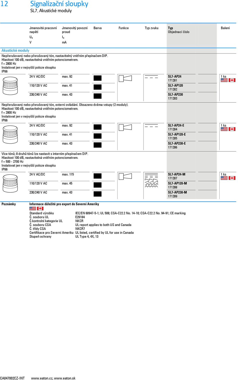 f = 2800 Hz Instalovat jen v nejvyšší poloze sloupku IP66 24 V AC/DC max. 92 SL7-AP24 171281 110/120 V AC max. 41 SL7-AP120 171282 230/240 V AC max.