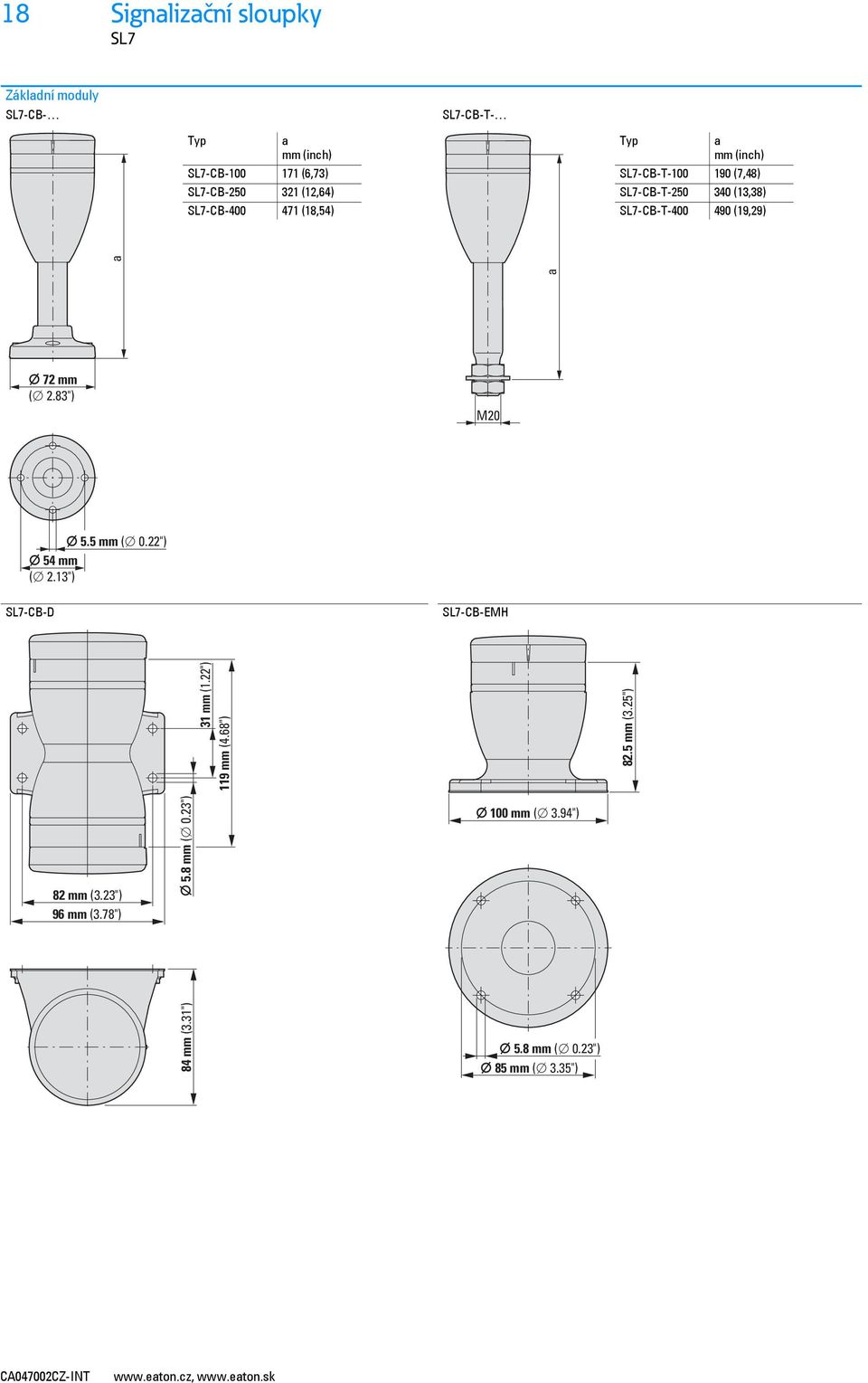 (19,29) a a 72 mm ( 2.83") M20 5.5 mm ( 0.22") 54 mm ( 2.13") SL7-CB-D SL7-CB-EMH 31 mm (1.22") 119 mm (4.68") 82.