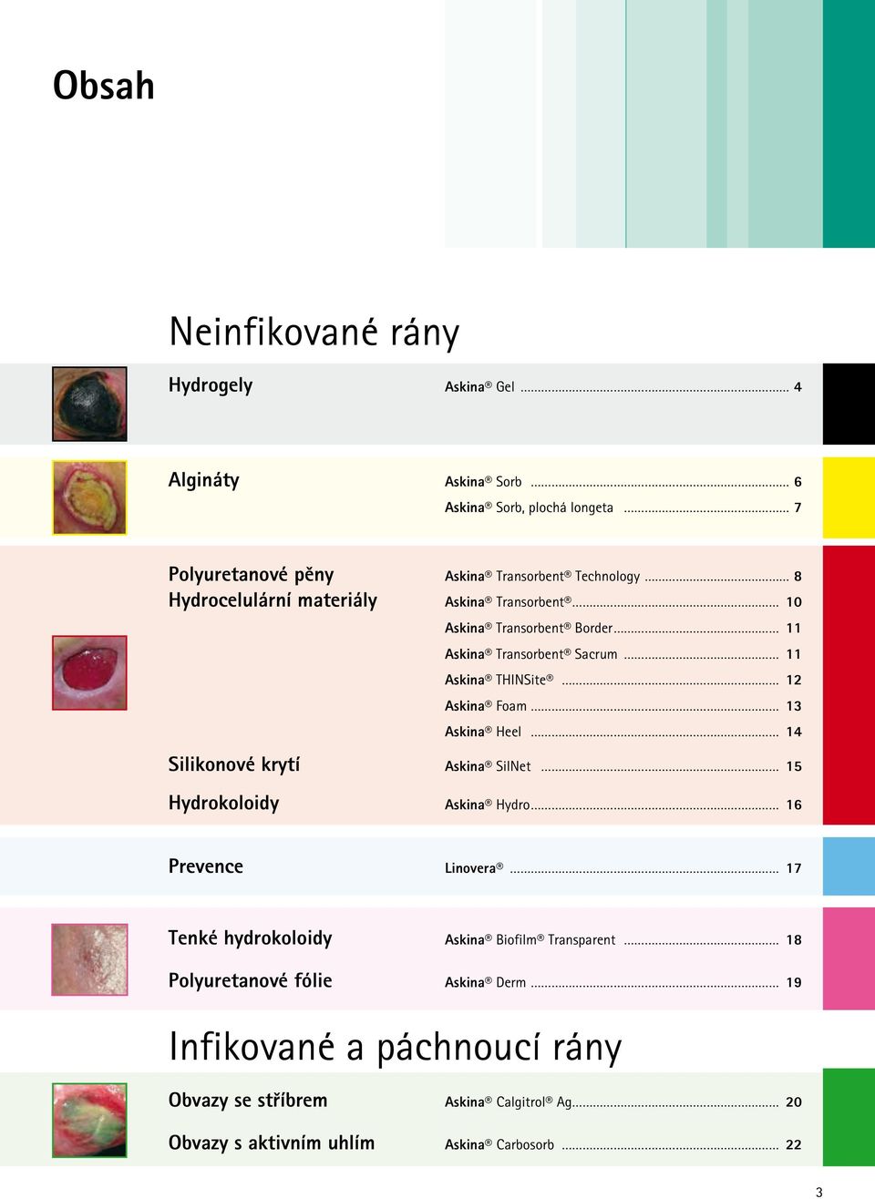 Foam 13 Askina Heel 14 Silikonové krytí Askina SilNet 15 Hydrokoloidy Askina Hydro 16 Prevence Linovera 17 Tenké hydrokoloidy Askina Biofilm