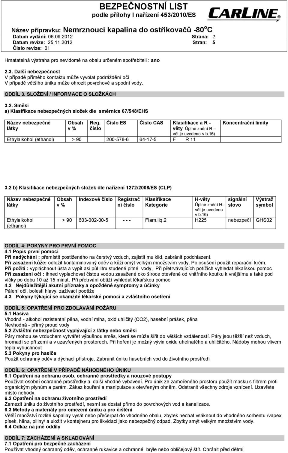 Směsi a) Klasifikace nebezpečných složek dle směrnice 67/548/EHS Název nebezpečné látky Obsah v % Reg. číslo Číslo ES Číslo CAS Klasifikace a R - věty Úplné znění R vět je uvedeno v b.