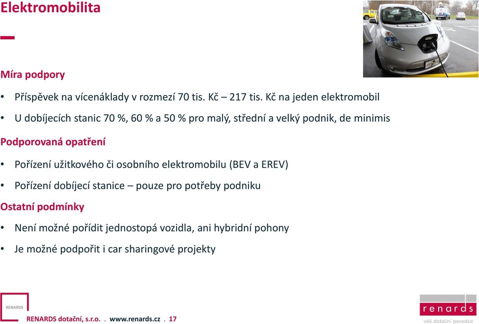 opatření Pořízení užitkového či osobního elektromobilu (BEV a EREV) Pořízení dobíjecí stanice pouze pro potřeby podniku