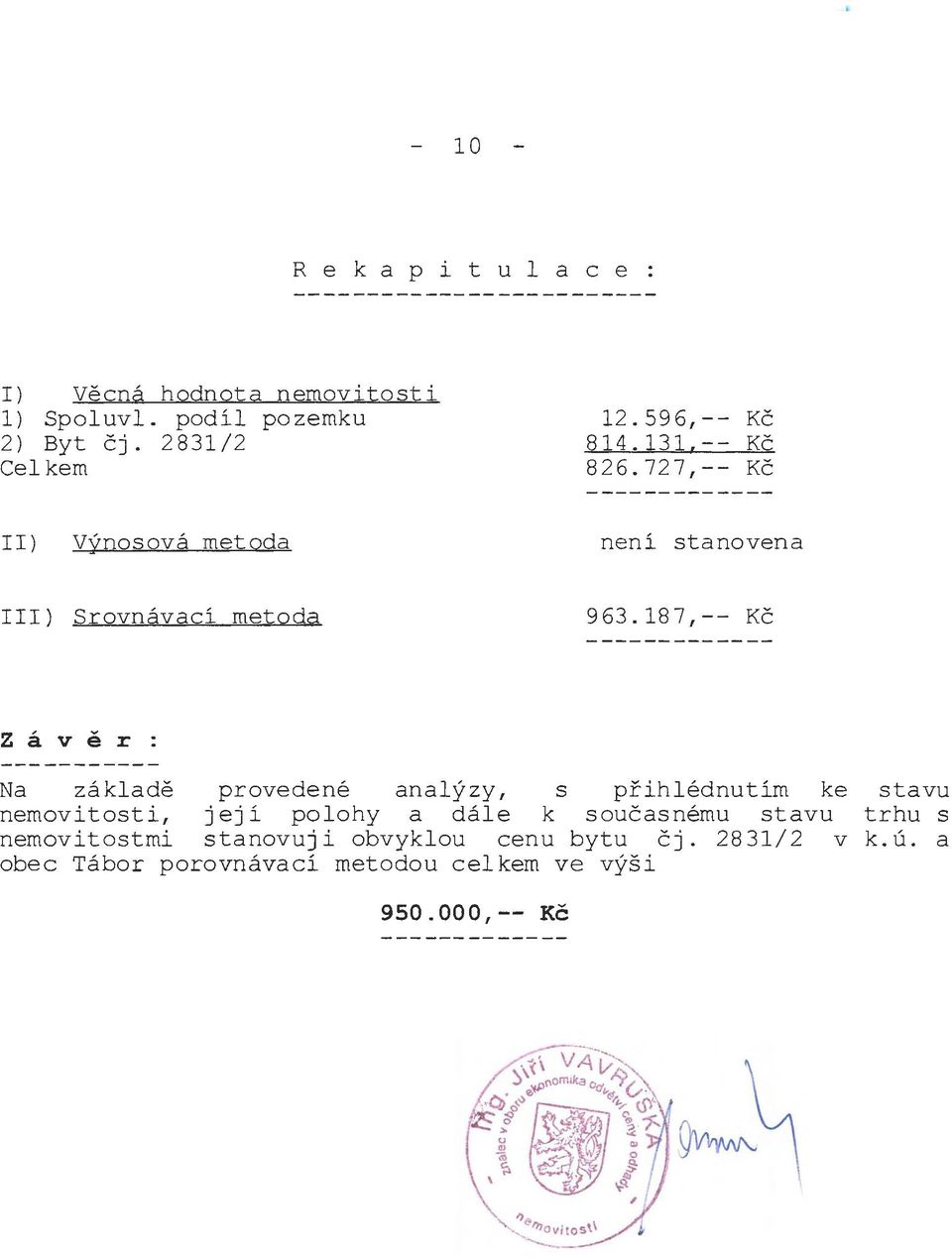 18 7, - - Kč Z á v ě r : Na základě provedené analýzy, s přihlédnutím ke nemovitosti, jejl polohy a dále k současnému