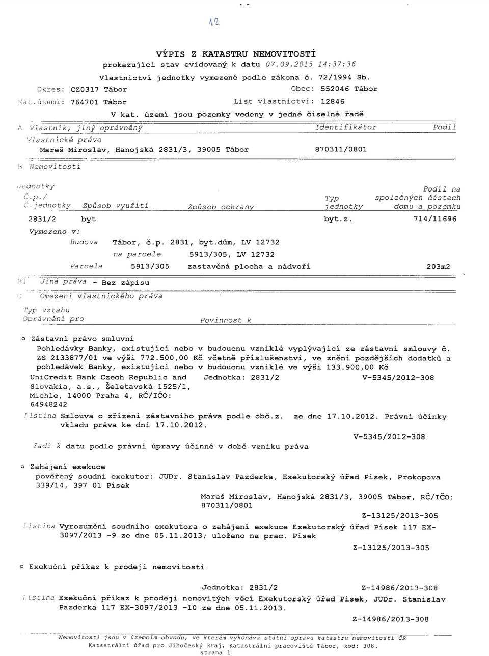 území jsou pozemky vedeny v jedné číselné Vla stnické právo Mareš Miroslav, Hanojská 2831/3, 39005 Tábor řadě dentifik átor 870311/0801 Podíl : ~ Nemovitos ti J2dnotky r Č. p. / č. j edn o t k y Z::.
