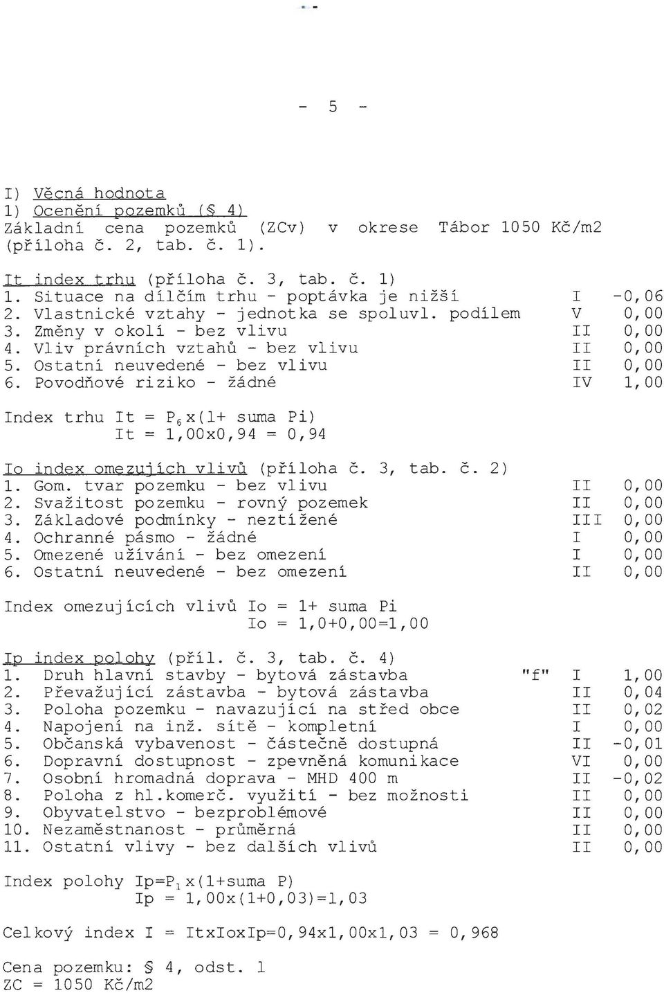 Povodňové riziko - žádné ndex trhu t = P 6 x(l+ suma Pi) t = 1,00x0,94 = 0,94 o index omezujích vlivů (příloha č. 3, tab. č. 2) 1. Gom. tvar pozemku - bez vlivu 2. Svažitost pozemku - rovný pozemek 3.