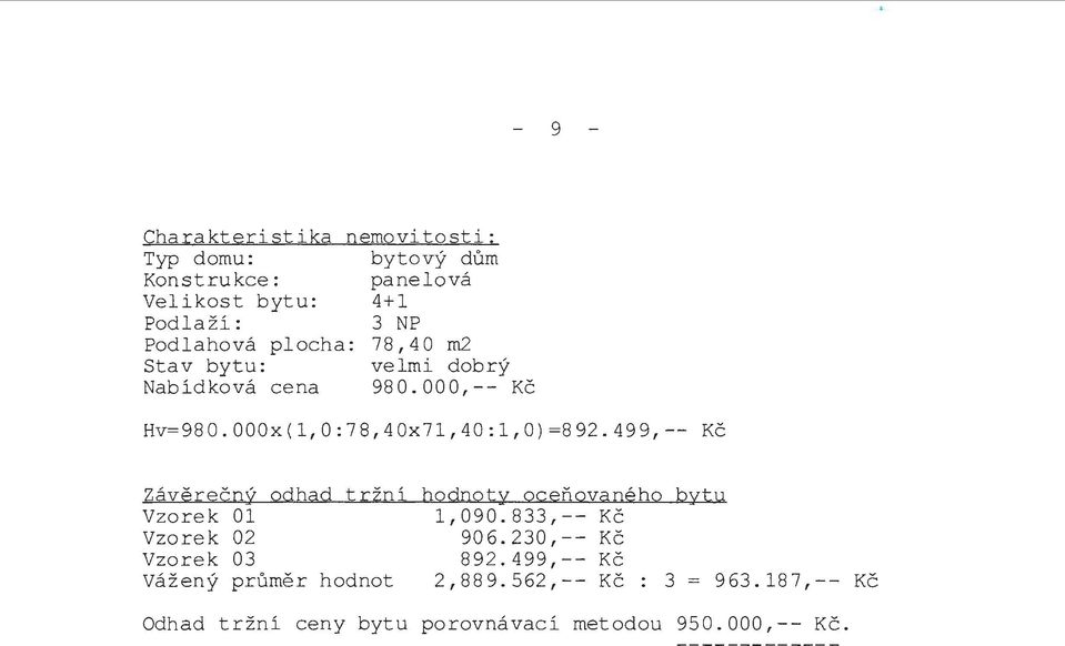 499,-- Kč Závěrečný odhad tržní Vzorek Ol Vzorek 02 Vzorek 03 Vážený průměr hodnot hodnoty oceňovaného bytu 1,090.