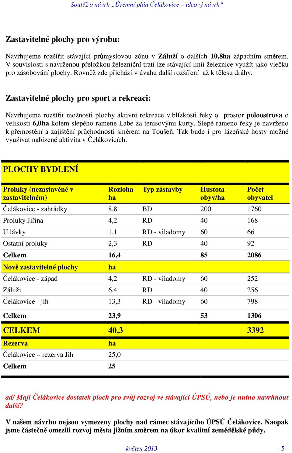 Zastavitelné plochy pro sport a rekreaci: Navrhujeme rozšířit možnosti plochy aktivní rekreace v blízkosti řeky o prostor poloostrova o velikosti 6,0ha kolem slepého ramene Labe za tenisovými kurty.